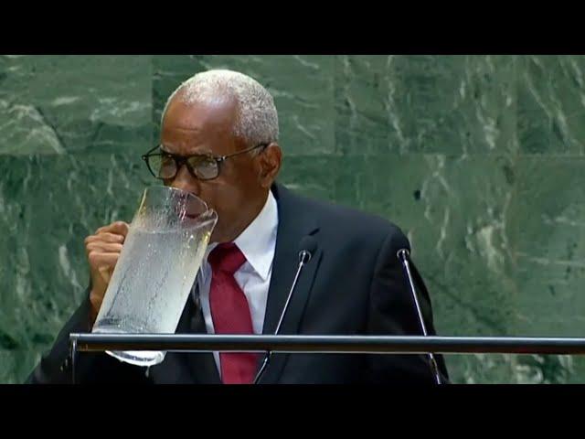 Haitian President spills giant jug of water during UN speech