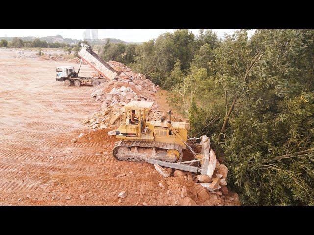 Incredible Stone Filling Up Flooded Area Using Heavy Machine Dozers And Dump Trucks Teams Operated