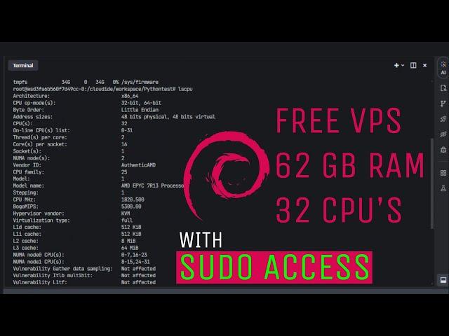 How to Create Free VPS 62 GB RAM + 32 CPU's Support Sudo Access - Unlimited VPS