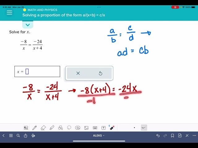 ALEKS: Solving a proportion of the form a/(x +b) = c/x