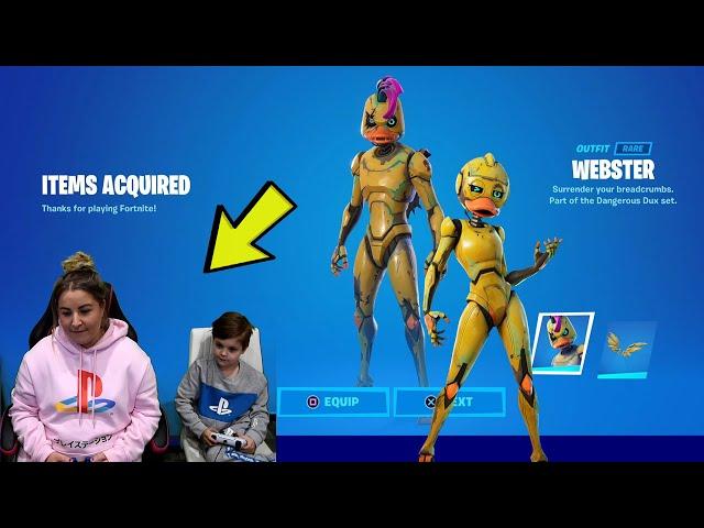 Mum Gives Her 7 Year Old Kid NEW DUCK Fortnite Bundle! item Shop Skins WEBSTER & MEGG.