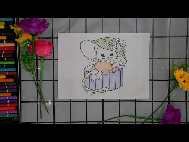 Complete coloring the picture of a cat sitting in a gift box