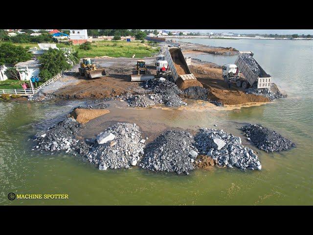 OMG!!LandSlip 10m In Deep Water And Get Repair By Dump Truck With Wheel Loader Dozer Pushing Stone