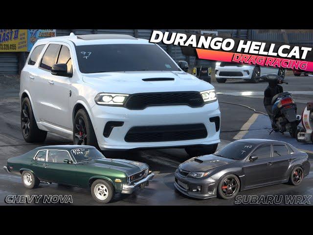 2024 Dodge Durango SRT Hellcat vs. Subaru WRX & Chevy Nova: A Drag Race Battle