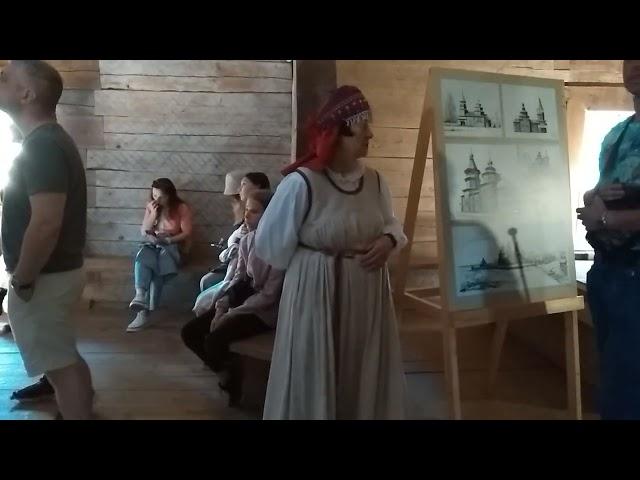 Novgorod, wooden museum - 1. Ancient church from the inside, stone cross, the bells.