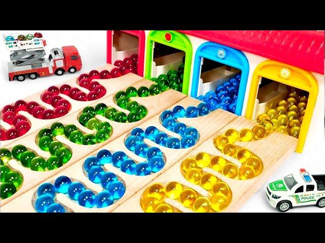 Marble Run ASMR Race  HABA Slope & Dump Truck Excavator Ambulance Forklift Garbage Truck Tractors31