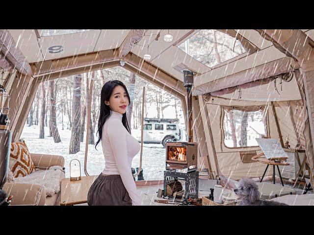 CAMPING IN A SNOWY FIELD WITH A 4-ROOM INFLATABLE TENTㅣCOZY ASMRㅣRELAXING CAMP