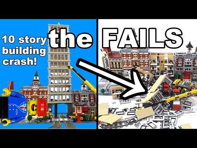 Lego train crash with huge skyscraper: the FAILS