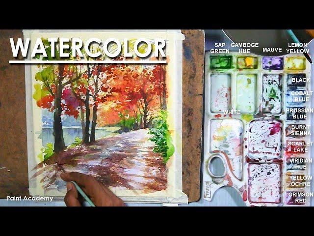 Watercolor Painting : Colorful Autumn | Red Leaf Trees near the Road