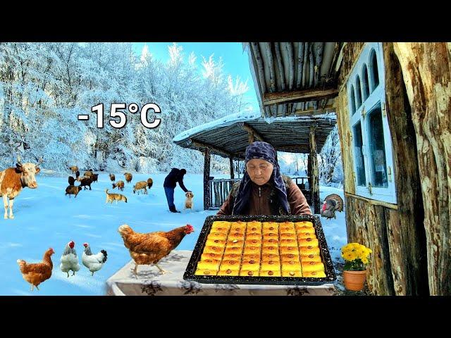 Winter in Azerbaijan Village. Cooking Lazy Baklava. Turkish baklava.