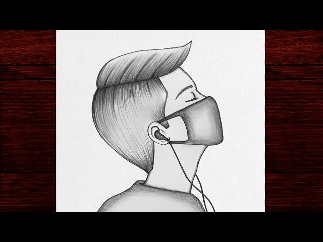 Easy Masked Man Drawing Picture, How to Draw a Man Listening to Music Step by Step, Pencil Drawings