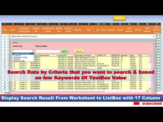 Display Search results in ListBox with more than 10 Column ( 17 Column ) in excel VBA ||