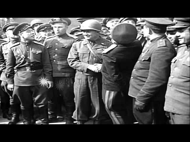 US Maj Gen Emil F Reinhardt shakes hands with Russian officer Maj Gen Rusakov in ...HD Stock Footage