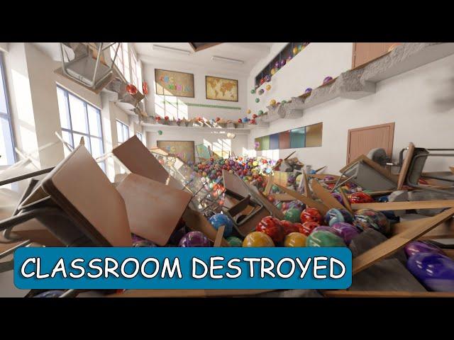 Classroom collapses, blender animation, bowling balls, rigid body, simulation, rbdlab addon