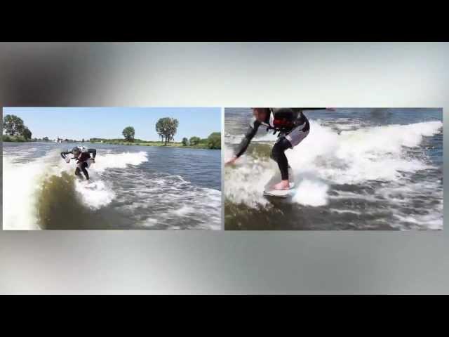 WakeSurfing behind a boat on the river Maas, the Netherlands. De Uitvliet