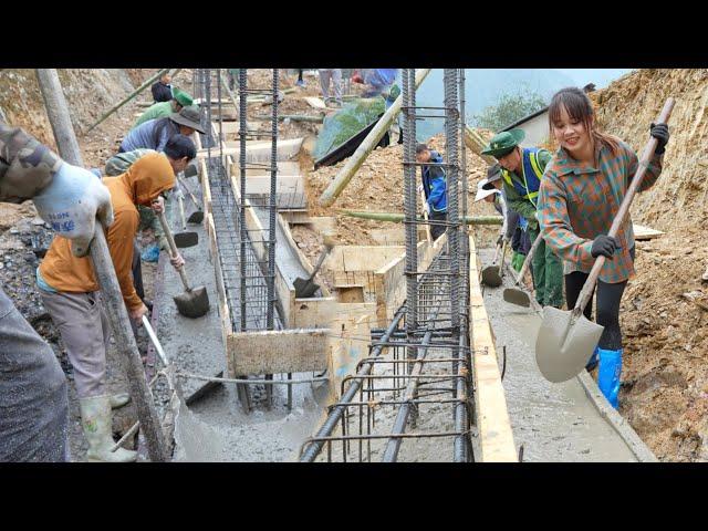 Pouring concrete for the foundation, a celebratory meal after completing the job.