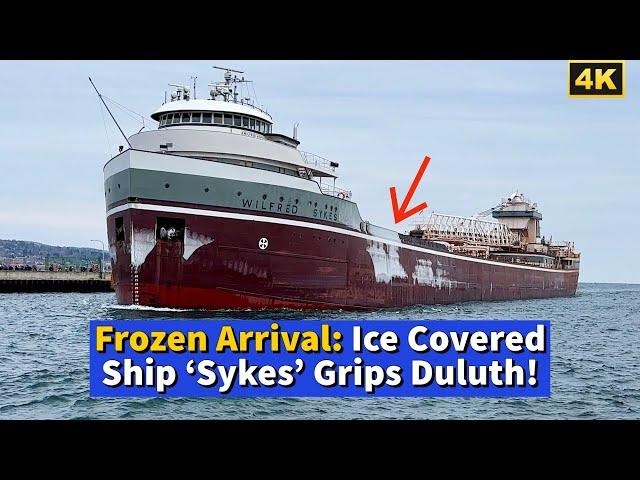 ️Frozen Arrival: Ice Covered Ship ‘Sykes’ Grips Duluth!