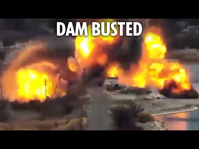 Shocking moment Ukrainian dam is BLOWN UP ‘by Russian shelling’ flooding frontline villages as Putin