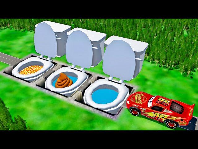 MEGA TOILET Pits Vs Lightning McQueen And Huge & Tiny PIXAR CARS! BeamNG. Drive Battle!