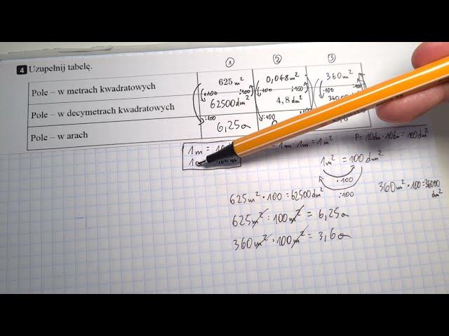 Zamiana jednostek pola: metr i decymetr kwadratowy, ar - uzupełnij tabelę - Matematyka