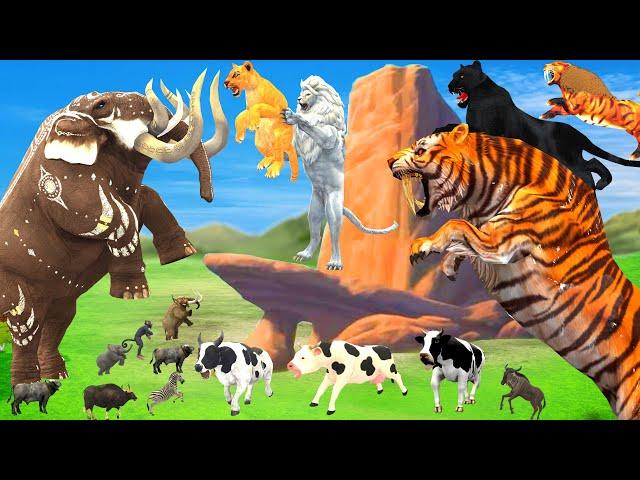 10 Mammoth Elephant Cow vs 5 Giant Tiger Wolf Lion Fight Zombie Bull Buffalo Saved by Woolly Mammoth