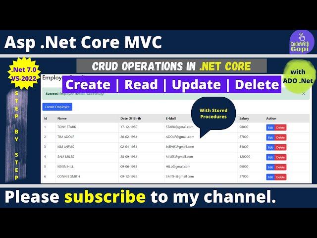 Full CRUD Operations Using ASP.NET Core And ADO.NET | CRUD with SQL Stored Procedure | .Net 7.0