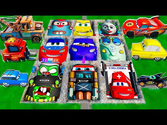 Mega pits with McQueen and Pixar Cars Vs Big & Small Lightning McQueen! BeamNG Drive Battle!