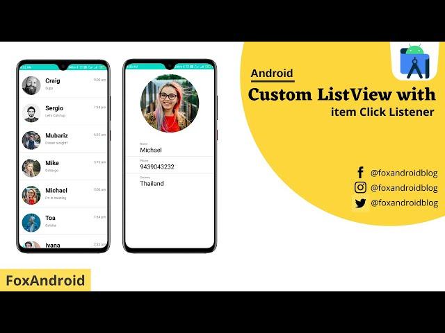 Custom Listview with item click in Android || Listview in Android Studio || Custom Listview