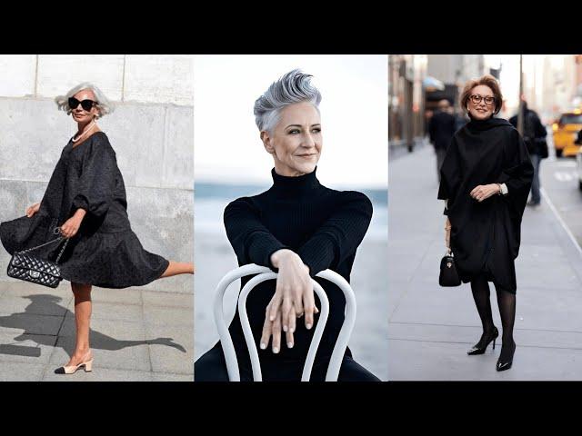 12 Simple tips for a chic and elegant style | ALL BLACK clothes | Natural Fashion for Women Over 60