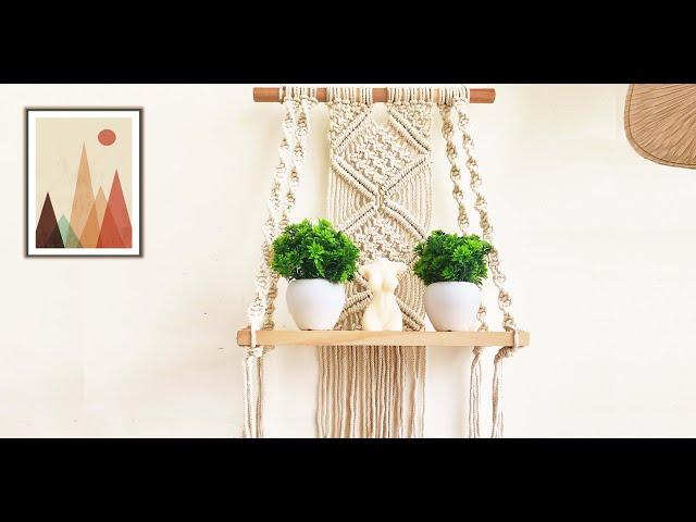 Macrame Wall Hanging Plant Decor Shelf Boho Floating Shelf Handmade Wood Indoor Bathroom Boho Room