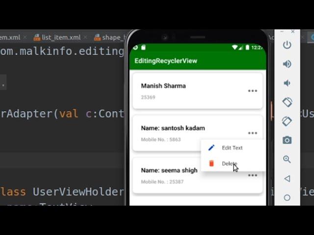 kotlin android how to add in recyclerview popup menu/how to delete and update item in recyclerview