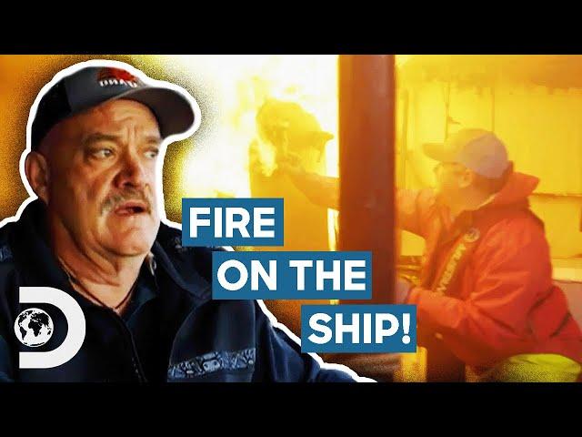 FIRE Breaks Out On The Wizard Out At Sea! | Deadliest Catch