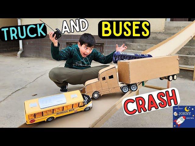 DIY Cardboard Semitruck Crashes With Buses On Giant Cardboard Tracks