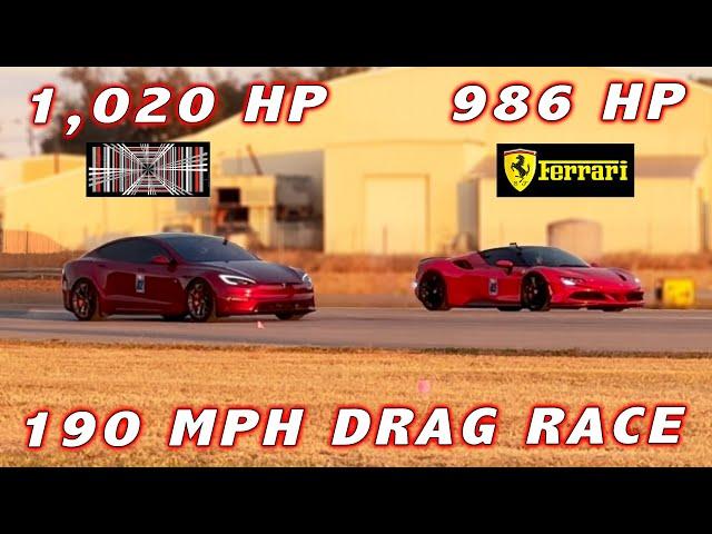 0-190 MPH Ferrari SF90 vs Tesla Model S Plaid at 55% SOC 1/2 Mile Drag Races