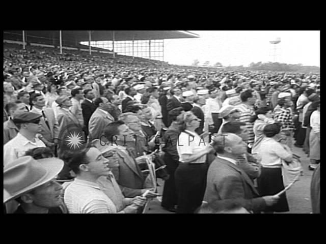 Racehorse Nashua with jockey Eddie Arcaro wins the Camden Stakes race at the Camd...HD Stock Footage