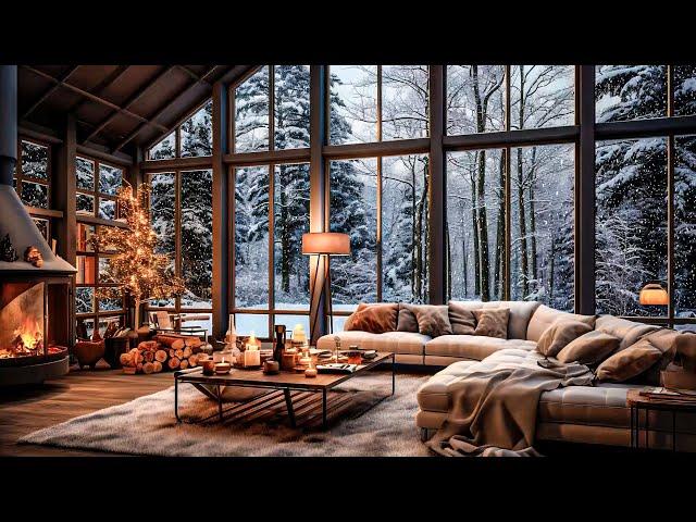 Snowfall in Forest in Living Room with Relaxing Fireplace Sounds | Cozy Ambience for Work and Study