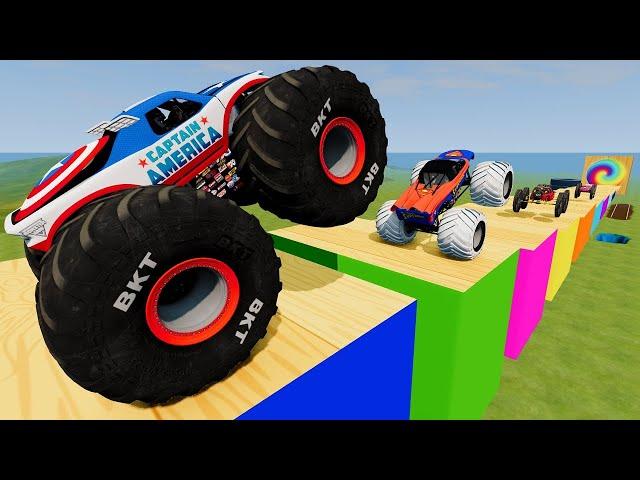 Big Monster Jam & Small Monster Trucks, Cars vs Spinner Wheels Obstacle Course with Giant Portal