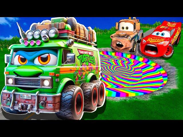 Rainbow Pit Transform In Big & Small: Lightning Mcqueen  & Mater vs  Pixar Cars! Beam.NG Drive!