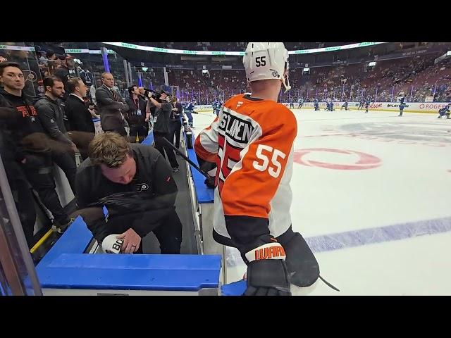 Matvey Michkov and Jett Luchanko first NHL pre-game skate.