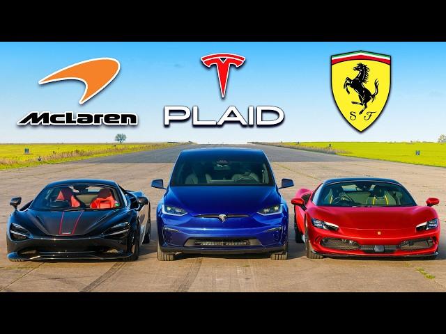 Tesla Model X PLAID v Ferrari 296 v McLaren 750S: DRAG RACE