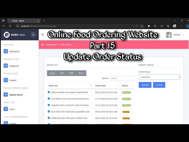 Online Food Ordering Website Part 15 Using Asp.Net C# & Sql Server | Update Order Status