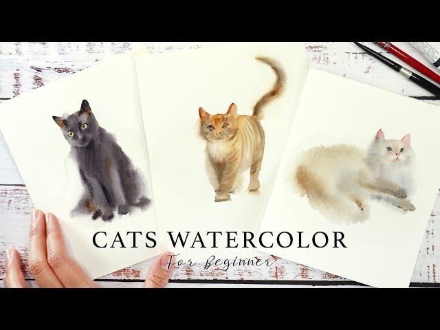 How To Paint 3 Different Cats In Watercolor | Step By Step Tutorial For Beginner