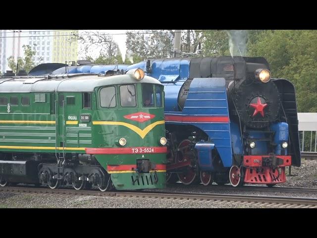 a train parade at the railway exhibition Expo 1520 on railway test circuit in Shcherbinka in Aug2021