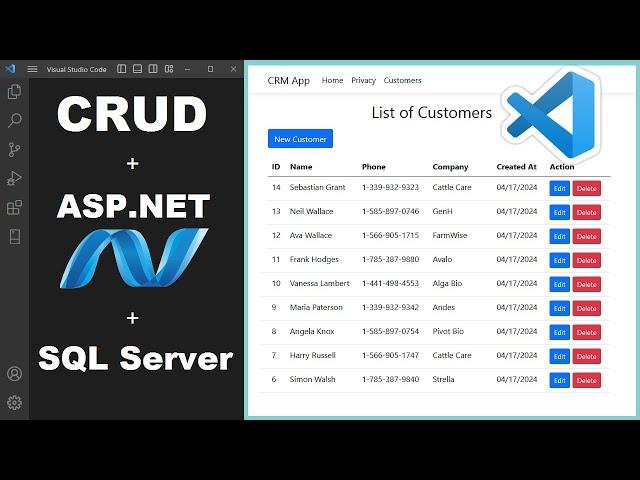 CRUD Operations Using ASP.NET + SQL Server + VS Code + .NET8 | Create Read Update Delete | ADO.NET