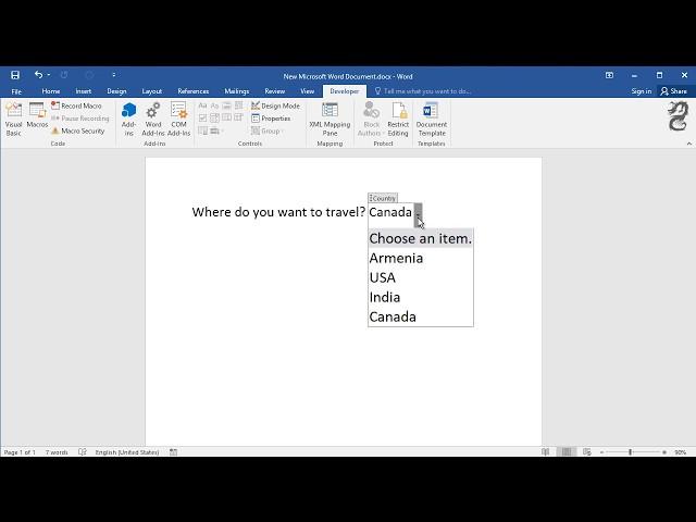 How to Add Combo Box to Choose option in  Word