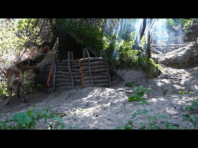 Bushcraft trip at my shelter. Shrubs for mosquitoes over the roof. Cooking at fireplace steak