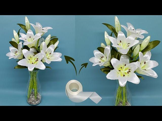 DIY | How To Make Lily Flower From Satin Ribbon Easy | Lily Flower Making With Ribbon