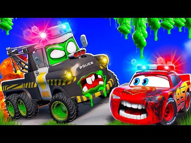 Big & Small:McQueen POLICE car VS Tow Mater POLICE ZOMBIE slime Zombie Apocalypse in BeamNG.drive