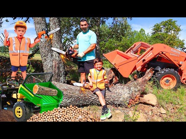 Helping trim tree with toy chainsaw, kids tractor, real tractor, and kids ride on truck | Super Krew