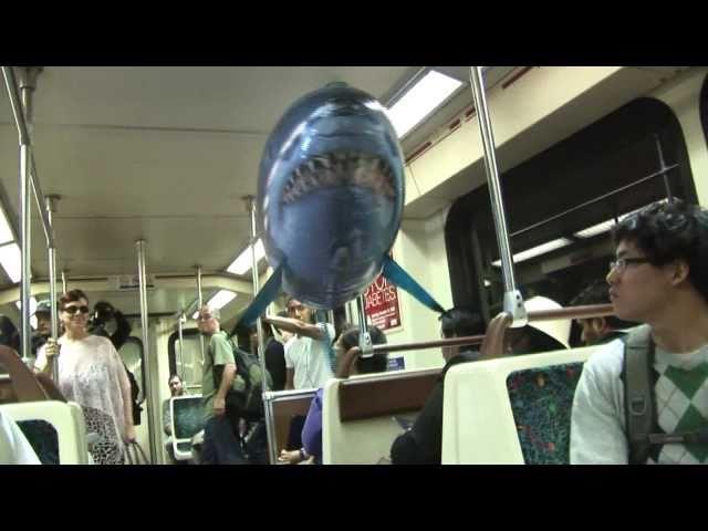 Great white flying shark takes the subway!